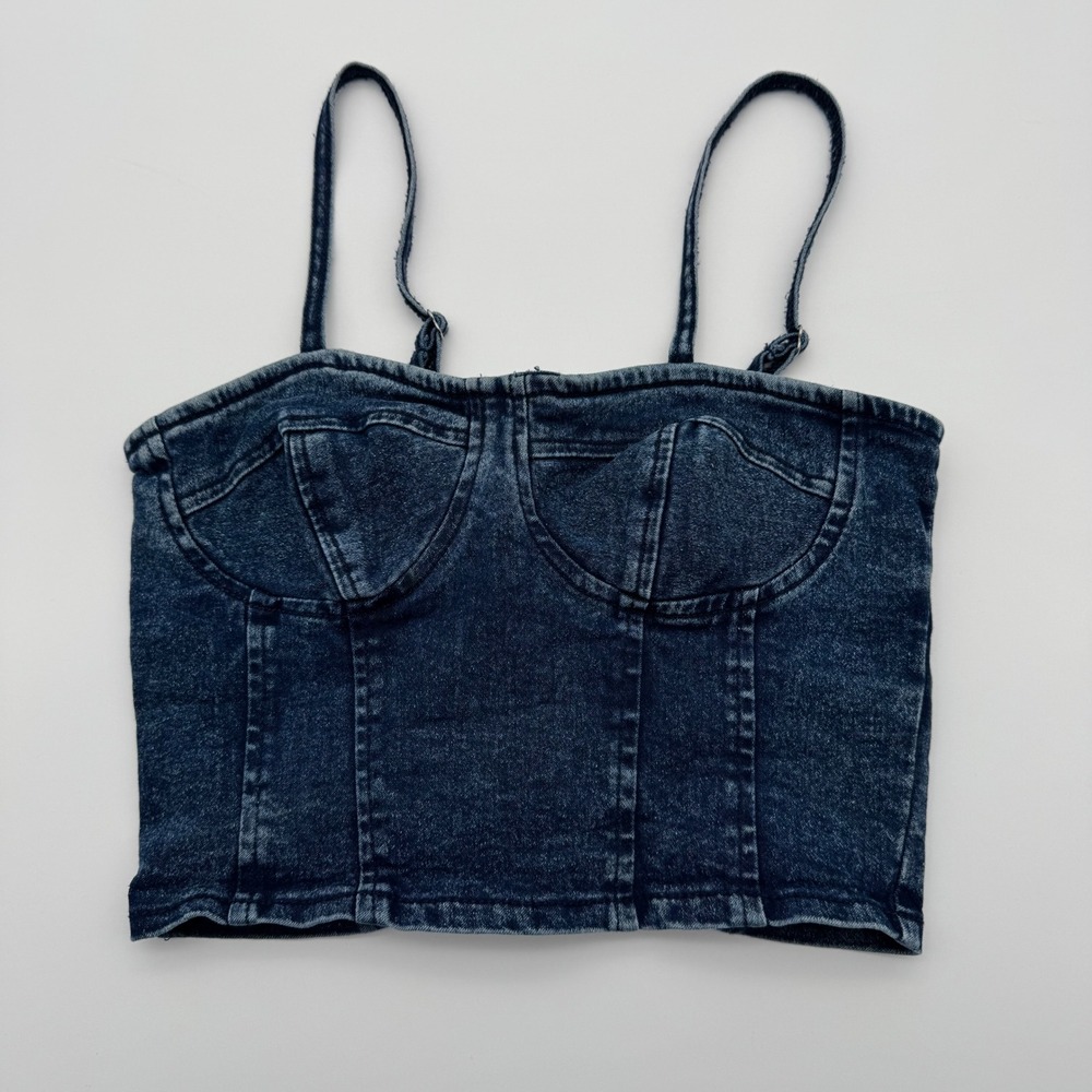 American Flirt Womens Acid Wash Denim Bustier Crop Top Blue Smocked Back Small
